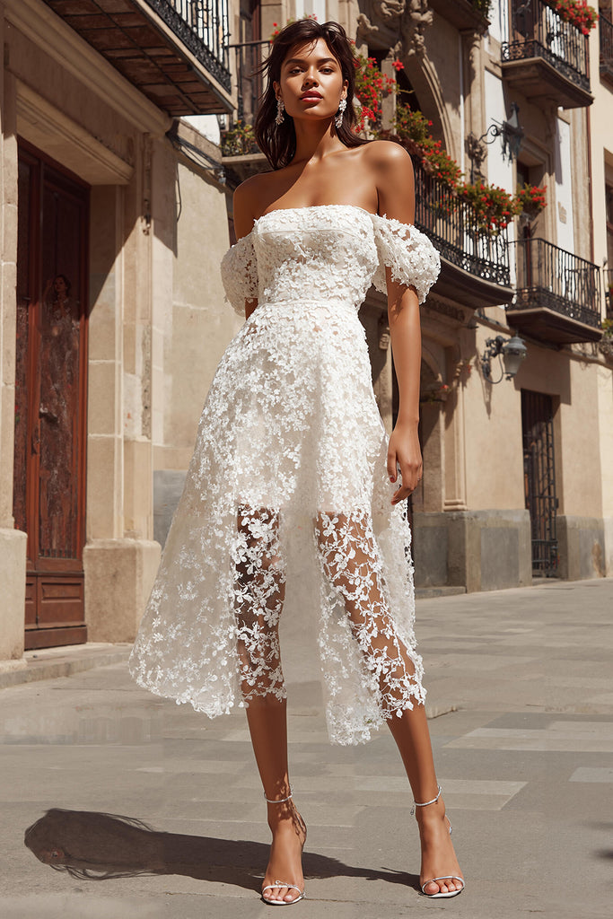 ZAPAKA Women Lace Wedding Dress Off the Shoulder Ivory A Line Midi ...