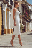 Ivory Corset Spaghetti Straps Lace Midi Wedding Dress