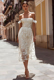 Ivory Floral Off the Shoulder Corset A Line Midi Wedding Dress