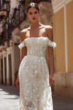 Ivory Floral Off the Shoulder Corset A Line Midi Wedding Dress