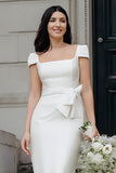 Ivory Bodycon Square Neck Midi Wedding Dress