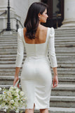 Ivory Bodycon Square Neck Midi Wedding Dress with Sleeves