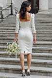 Ivory Bodycon Square Neck Midi Wedding Dress with Sleeves