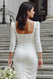 Ivory Bodycon Square Neck Midi Wedding Dress with Sleeves