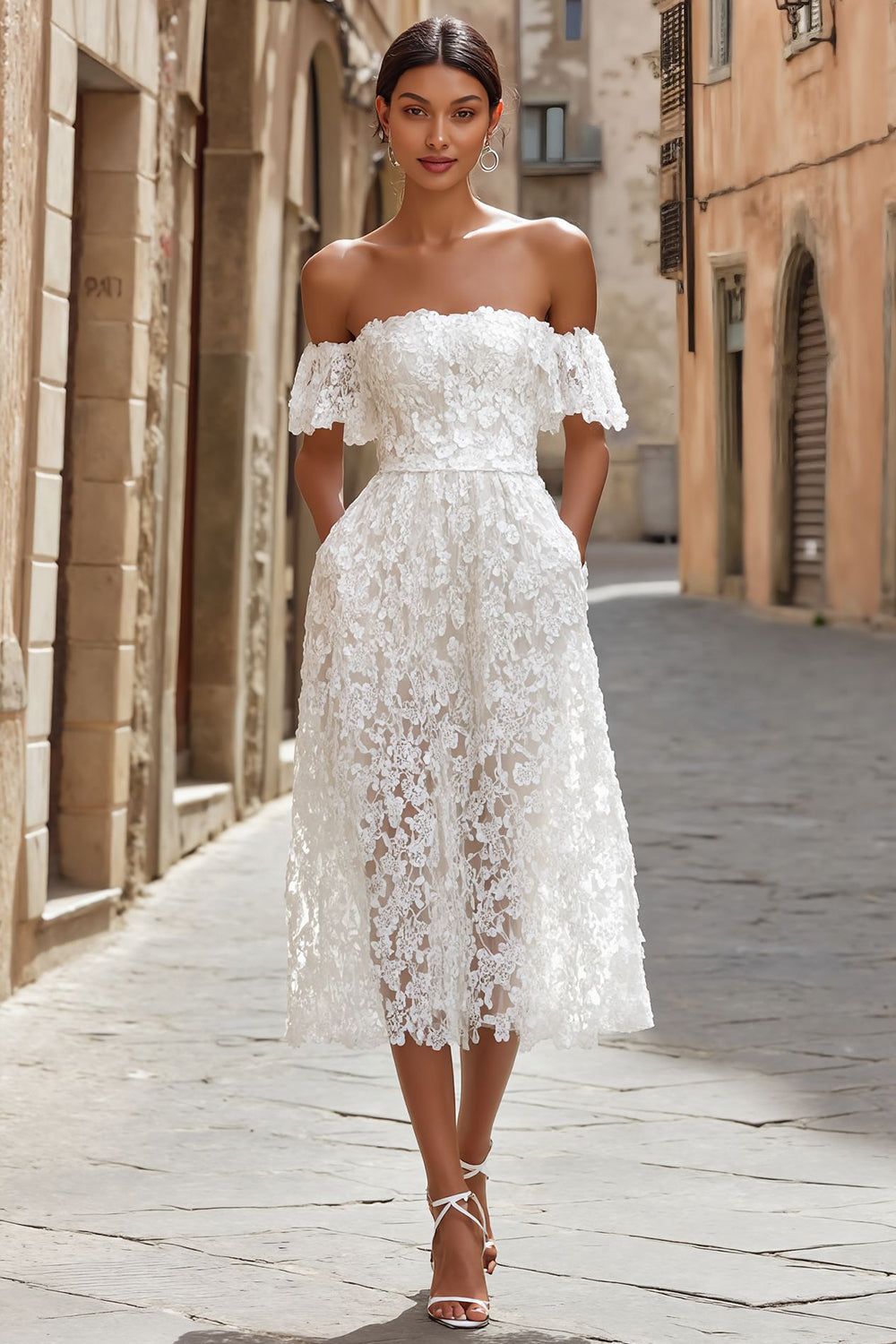 Zapaka Women Ivory Lace Midi Boho Wedding Dress A Line Off the Shoulder Engagement Dress ZAPAKA Zapaka Women Ivory Lace Midi Boho Wedding Dress A Line Off the Shoulder Engagement Dress ZAPAKA