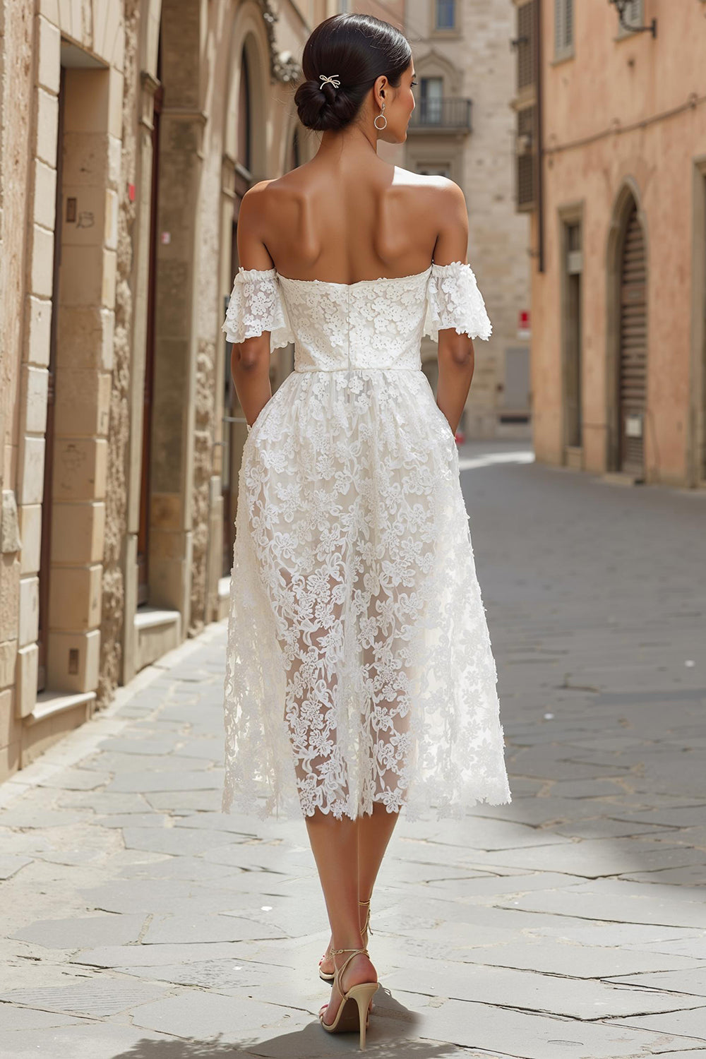 Zapaka Women Ivory Lace Midi Boho Wedding Dress A Line Off the Shoulder Engagement Dress ZAPAKA Zapaka Women Ivory Lace Midi Boho Wedding Dress A Line Off the Shoulder Engagement Dress ZAPAKA