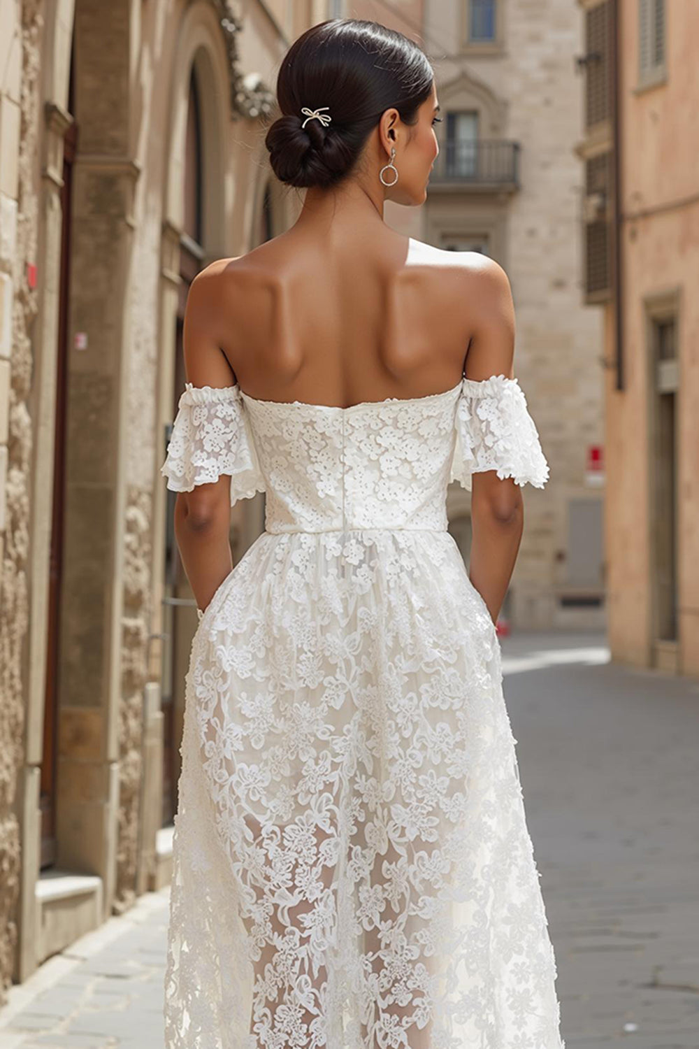Zapaka Women Ivory Lace Midi Boho Wedding Dress A Line Off The Shoulder Engagement Dress, White / US16W Zapaka Women Ivory Lace Midi Boho Wedding Dress A Line Off The Shoulder Engagement Dress, White / US16W