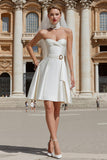 White Satin A Line Sweetheart Short Wedding Dress with Sash