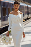 White Satin Bodycon Off the Shoulder Midi Wedding Dress with Bow