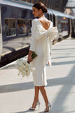 White Bodycon Round Neck Long Sleeve Midi Wedding Dress with Bow
