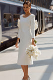 White Bodycon Round Neck Long Sleeve Midi Wedding Dress with Bow
