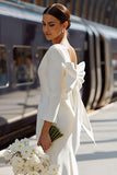 White Bodycon Round Neck Long Sleeve Midi Wedding Dress with Bow