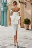 White Satin Bodycon Off the Shoulder Long Wedding Dress with Bow