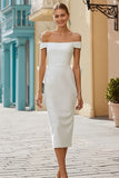 White Satin Bodycon Off the Shoulder Long Wedding Dress with Bow