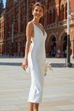 White V-Neck Sheath Midi Courthouse Wedding Dress with Bow