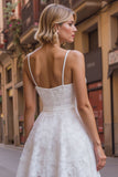 White Spaghetti Straps A Line Lace Wedding Reception Dress