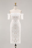 Off The Shoulder Lace Ivory Midi Rehearsal Dinner Dress