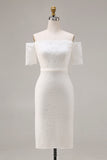 Off The Shoulder Lace Ivory Midi Rehearsal Dinner Dress