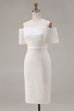 Off The Shoulder Lace Ivory Midi Rehearsal Dinner Dress