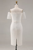 Off The Shoulder Lace Ivory Midi Rehearsal Dinner Dress