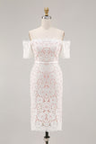 Off The Shoulder Lace Ivory Midi Rehearsal Dinner Dress