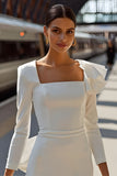 White Sheath Long Sleeve Courthouse Wedding Dress with Bow
