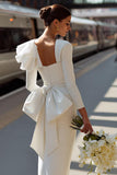 White Sheath Long Sleeve Courthouse Wedding Dress with Bow