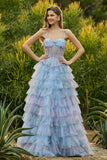 Blue Floral A-Line Tiered Ruffle Corset Long Prom Dress with Slit