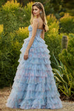 Blue Floral A-Line Tiered Ruffle Corset Long Prom Dress with Slit