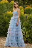 Blue A-Line Floral Tiered Ruffle Corset Long Prom Dress with Slit