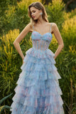 Blue A-Line Floral Tiered Ruffle Corset Long Prom Dress with Slit