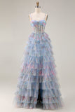 Blue Floral A-Line Tiered Ruffle Corset Long Prom Dress with Slit