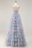 Blue A-Line Floral Tiered Ruffle Corset Long Prom Dress with Slit
