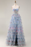 Blue A-Line Floral Tiered Ruffle Corset Long Prom Dress with Slit