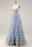 Blue Floral A-Line Tiered Ruffle Corset Long Prom Dress with Slit