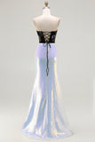 Sparkly Black and Lilac Sequin Floral Mermaid Corset Strapless Long Prom Dress