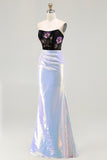Sparkly Black and Lilac Sequin Floral Mermaid Corset Strapless Long Prom Dress