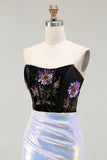 Sparkly Black and Lilac Sequin Floral Mermaid Corset Strapless Long Prom Dress