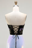 Sparkly Black and Lilac Sequin Floral Mermaid Corset Strapless Long Prom Dress