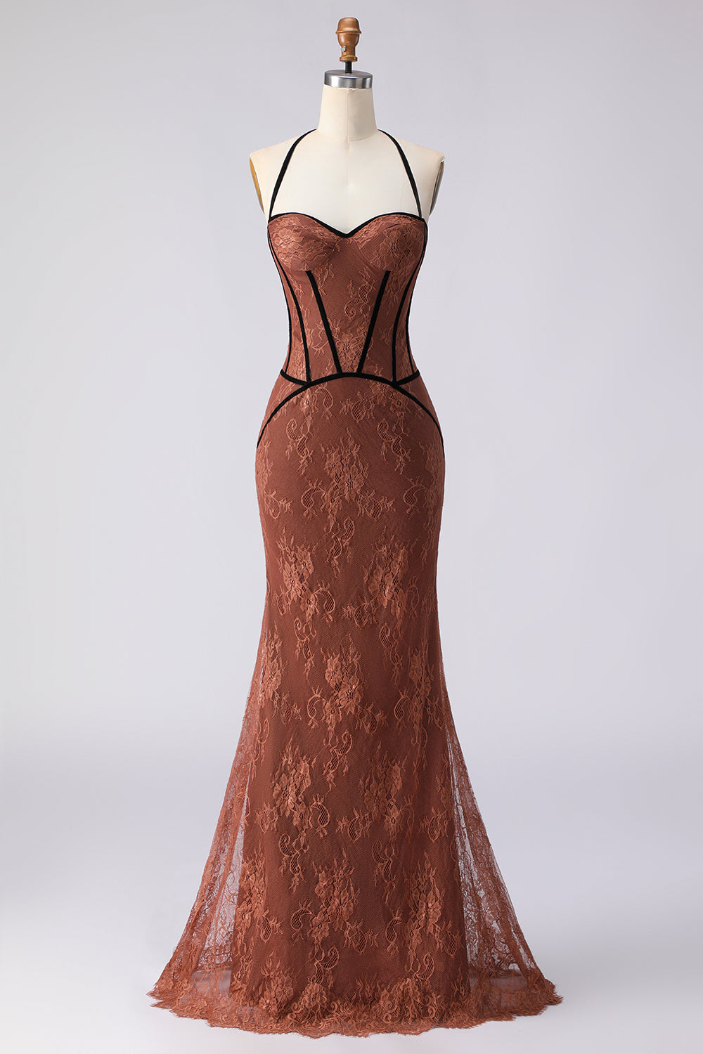 ZAPAKA Women Brown Long Prom Dress Mermaid Halter Formal Dress with Lace, Brown / US12 ZAPAKA Women Brown Long Prom Dress Mermaid Halter Formal Dress with Lace, Brown / US12
