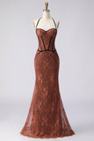 Halter Mermaid Brown Long Prom Dress with Lace