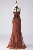 Halter Mermaid Brown Long Prom Dress with Lace