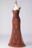 Halter Mermaid Brown Long Prom Dress with Lace