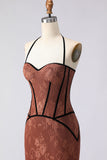 Halter Mermaid Brown Long Prom Dress with Lace