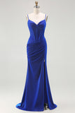 Royal Blue Mermaid Corset Ruched Lace Up Back Long Prom Dress with Slit
