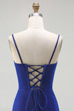 Royal Blue Mermaid Corset Ruched Lace Up Back Long Prom Dress with Slit