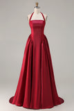Burgundy  A Line Halter Beaded Satin Long Prom Dress with Lace Up Back