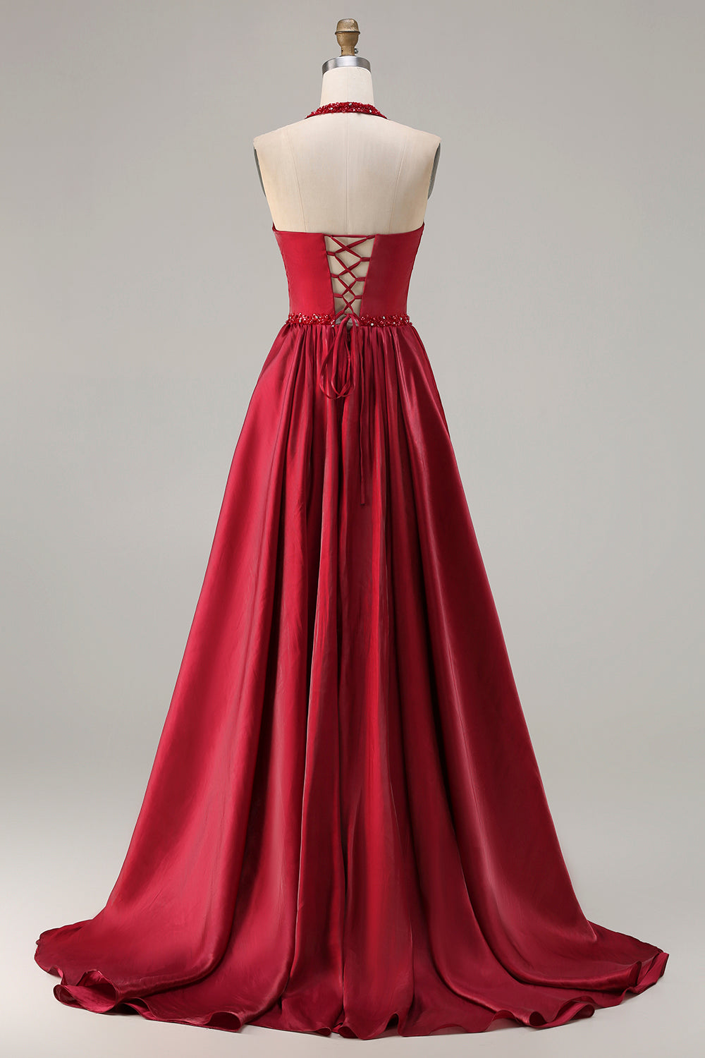 Zapaka Women Burgundy Long Prom Dress A Line Halter Beaded Open Back Satin Party Dress with Lace Up Back, Burgundy / US22W Zapaka Women Burgundy Long Prom Dress A Line Halter Beaded Open Back Satin Party Dress with Lace Up Back, Burgundy / US22W
