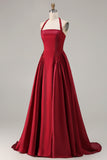 Burgundy  A Line Halter Beaded Satin Long Prom Dress with Lace Up Back