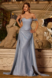 Sparkly Off The Shoulder Mermaid Corset Dusty Blue Satin Long Prom Dress with Slit